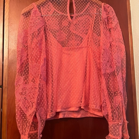 Express Sheer Lace Tank Pink Sz XS Long Sleeve Button Cuffs - Picture 4 of 8